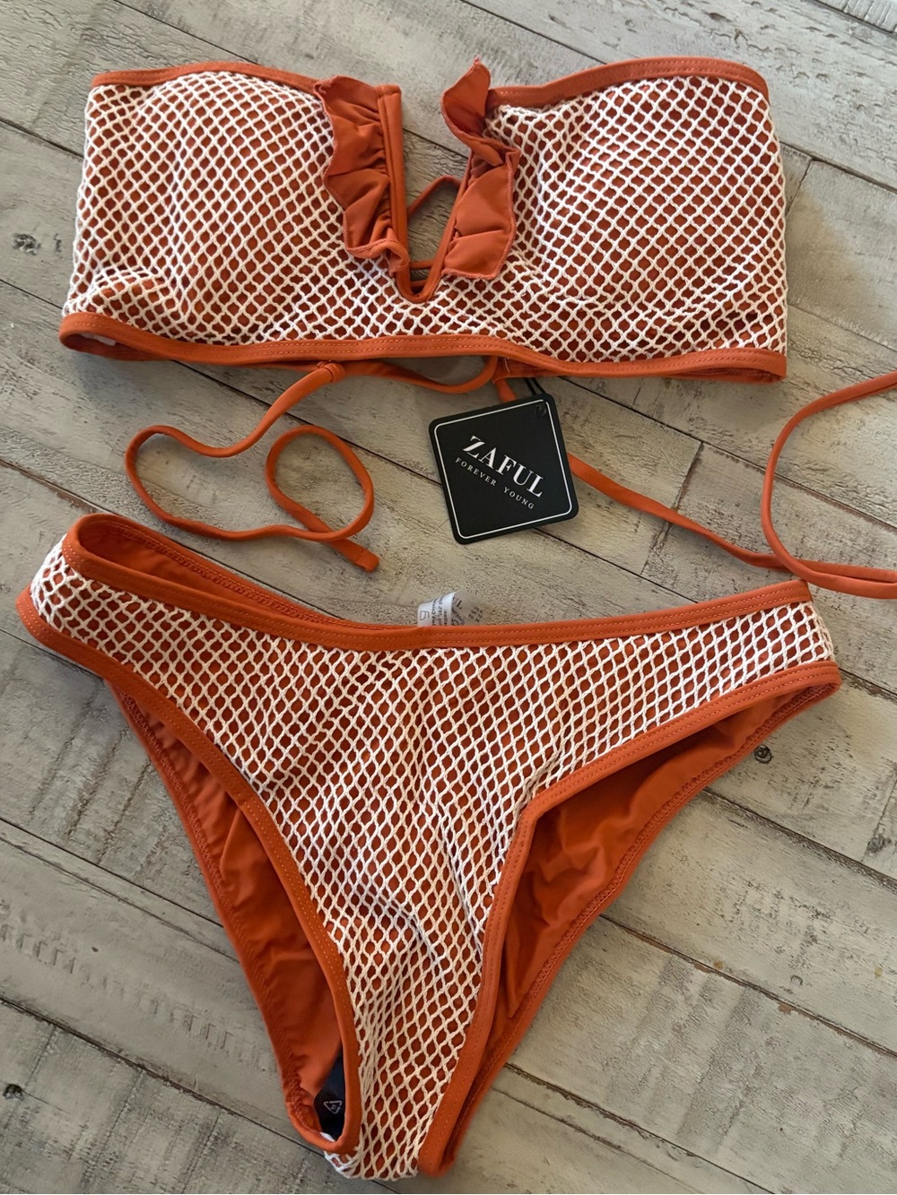 Zaful Orange and White Mesh V-Notch Bandeau Bikini